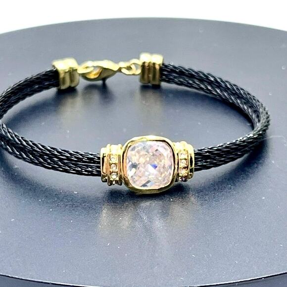 Black Stainless Steel Twisted Cable Bangle Sparkling Faceted  Cushion Cut CZ - Picture 1 of 8